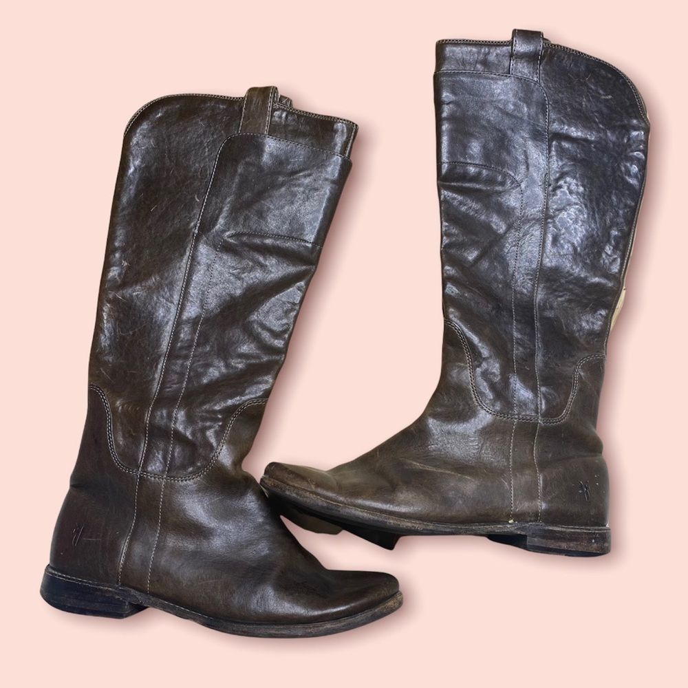 Frye Paige tall leather pull on Riding Boots dark brown 7.5 flat soles